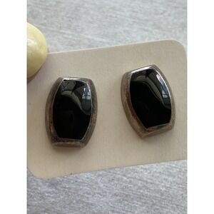 Vintage 925 Sterling Silver Black Onyx Post Earrings Estate Jewelry